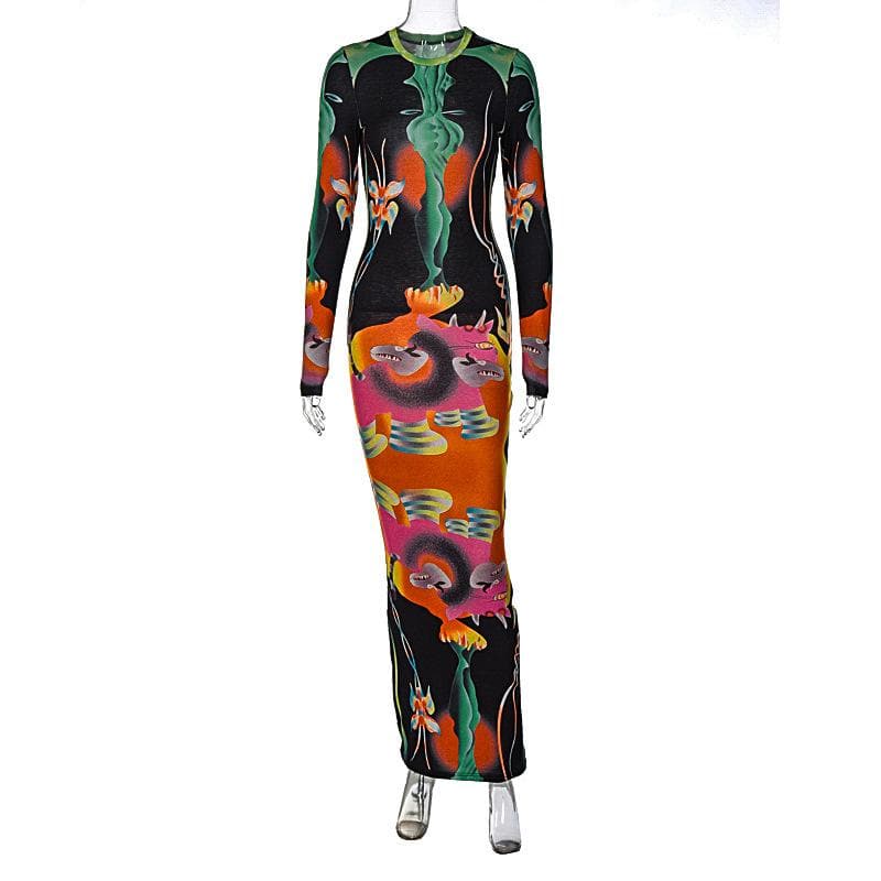Long sleeve contrast abstract print round neck midi dress-final-sale