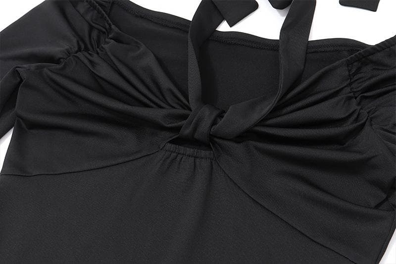 Long sleeve off shoulder halter ruched backless solid hollow out cut out top  | Festival Outfits Women