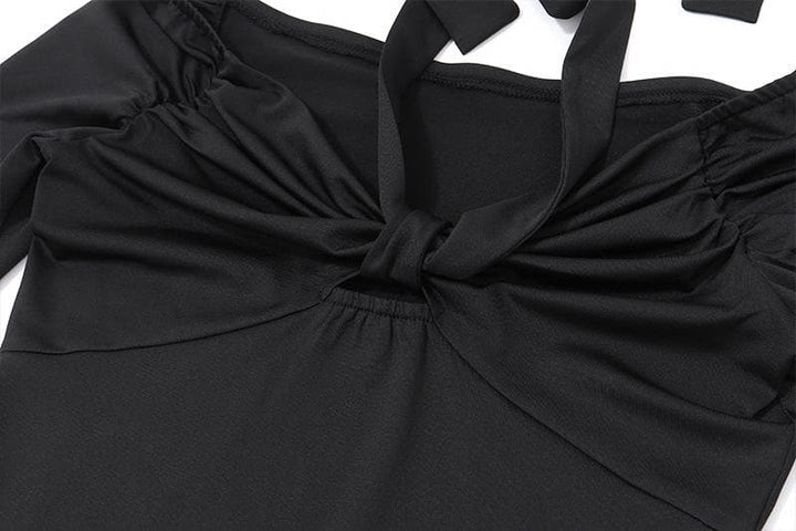 Long sleeve off shoulder halter ruched backless solid hollow out cut out top  | Festival Outfits Women