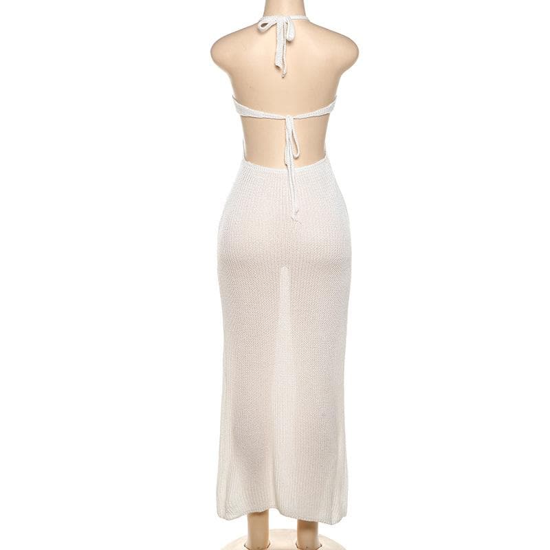 Knitted hollow out see through halter cut out maxi dress  | Festival Outfits Women
