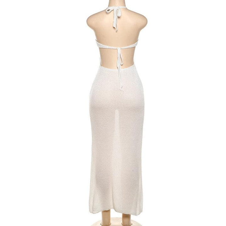 Knitted hollow out see through halter cut out maxi dress  | Festival Outfits Women
