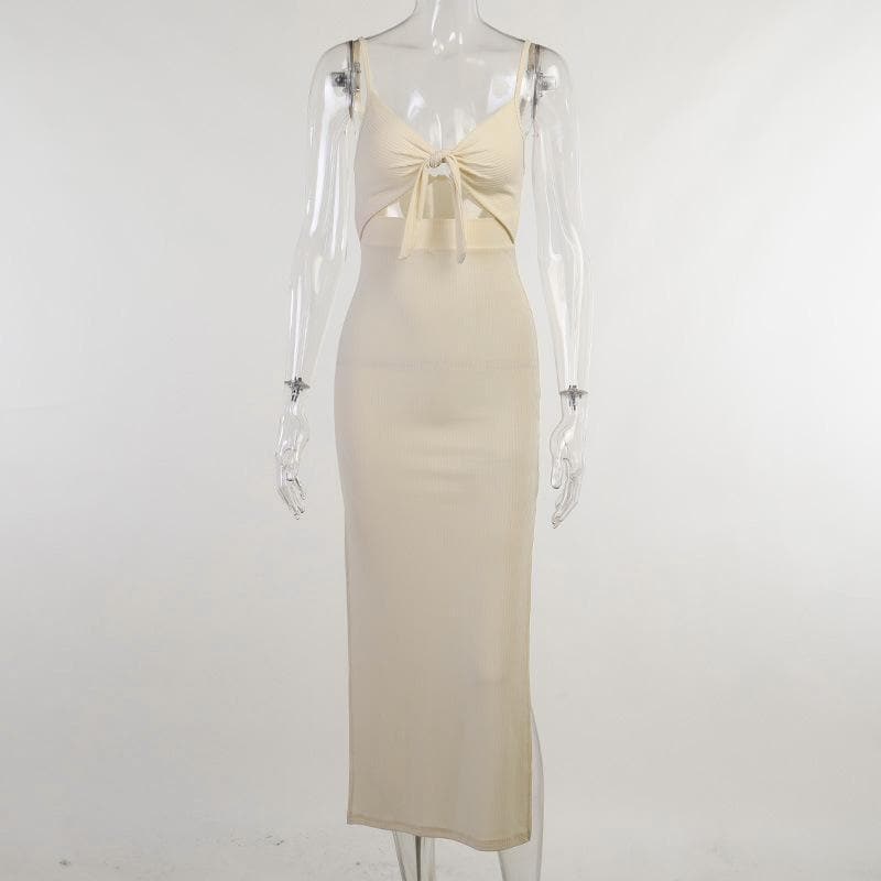 Hollow out slit knotted cami maxi dress - Halibuy