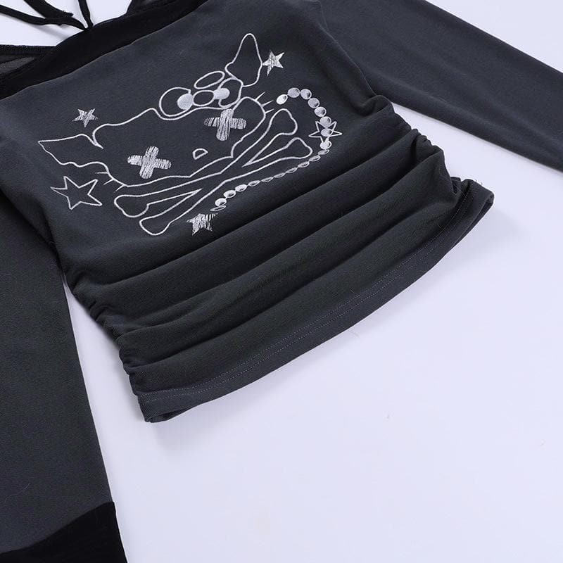 Long sleeve halter cat pattern mesh patchwork stitch top  | Festival Outfits Women