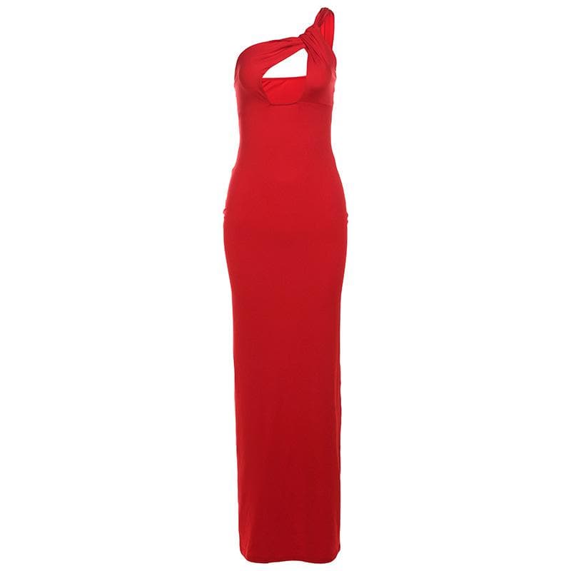 One shoulder ruched hollow out solid cami cut out maxi dress  | Festival Outfits Women