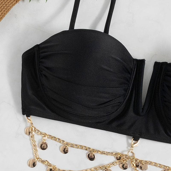 Metal chain solid ruched padded bikini swimwear