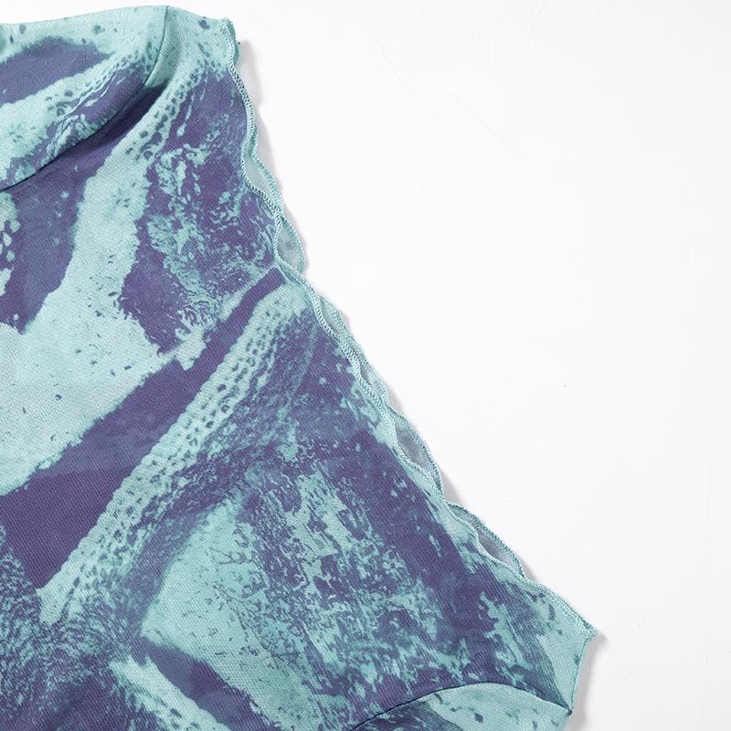 Sheer mesh see through flared sleeve contrast print 2-way top