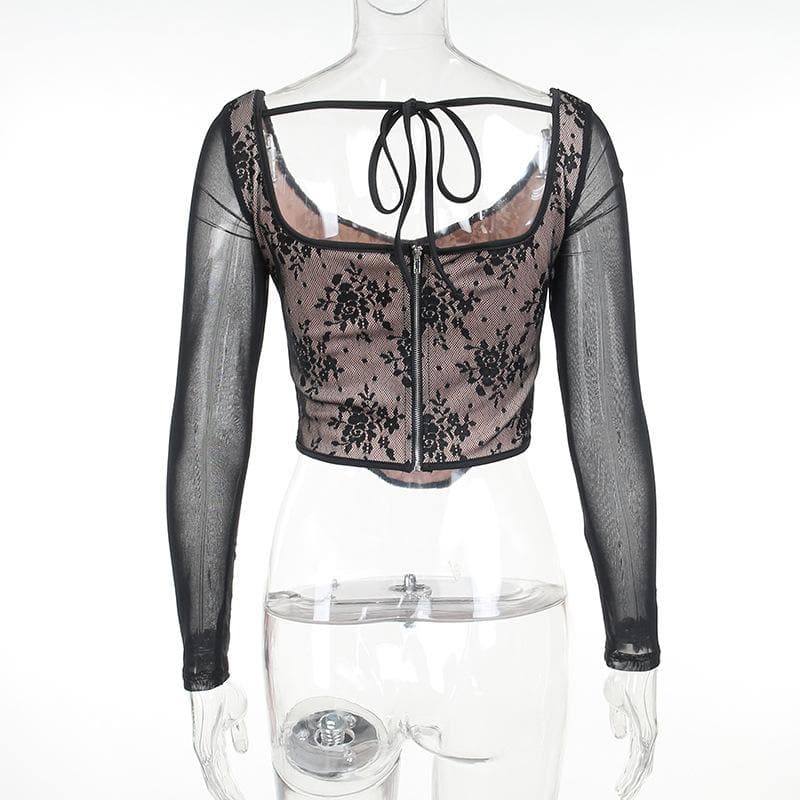 Lace contrast corset long sleeve zip-up self tie top  | Festival Outfits Women