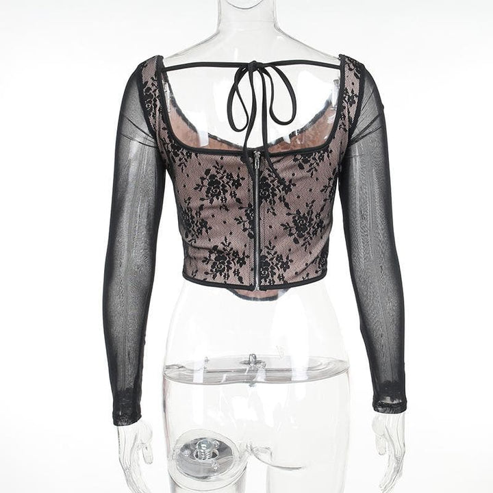 Lace contrast corset long sleeve zip-up self tie top  | Festival Outfits Women