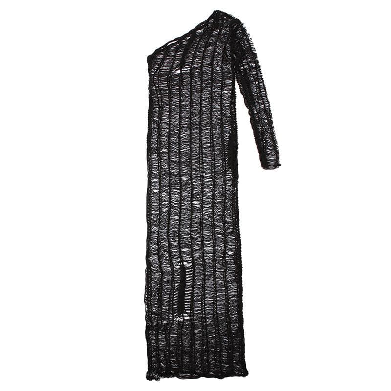 Knitted see through one shoulder long sleeve solid crochet maxi dress-final-sale