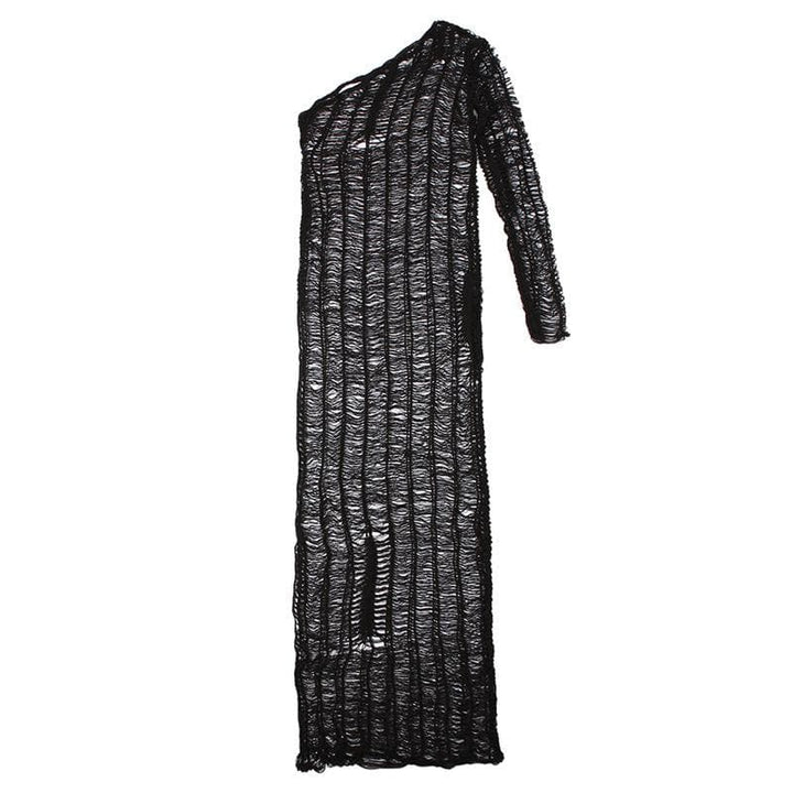 Knitted see through one shoulder long sleeve solid crochet maxi dress-final-sale