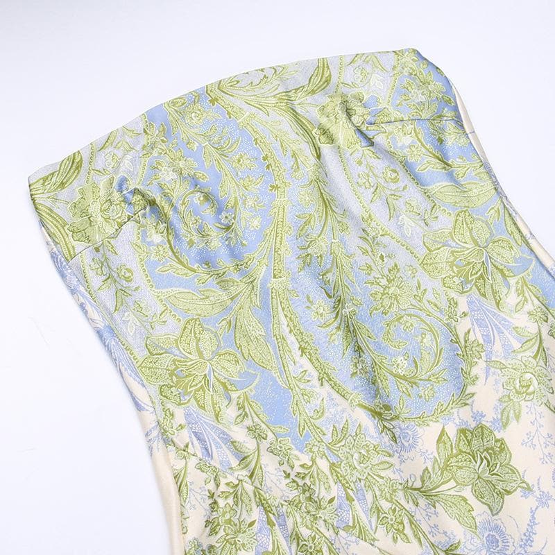 Flower print slit irregular contrast backless maxi dress