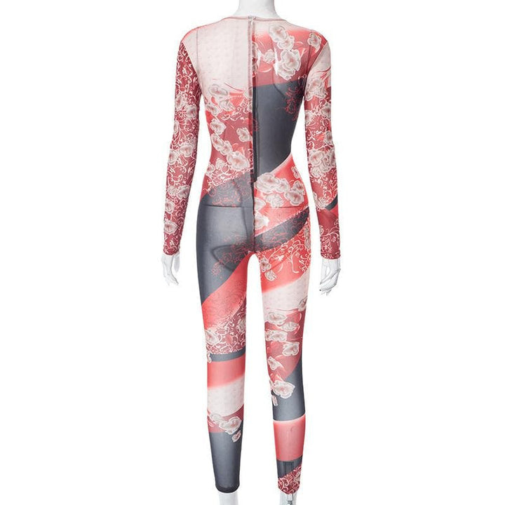 Contrast print zip-up long sleeve sheer mesh see through jumpsuit  | Festival Outfits Women
