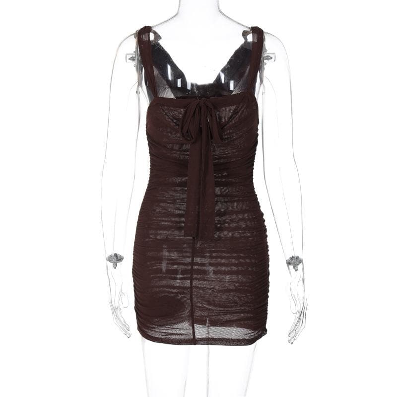 Cowl neck ruched o ring sheer mesh bowknot ribbon backless cami mini dress  | Festival Outfits Women