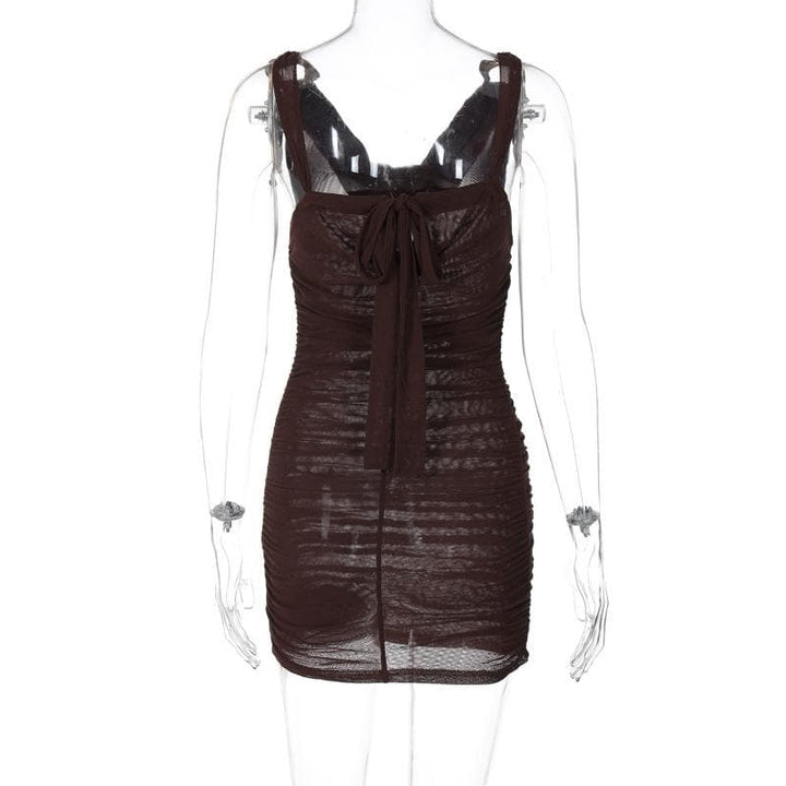 Cowl neck ruched o ring sheer mesh bowknot ribbon backless cami mini dress  | Festival Outfits Women