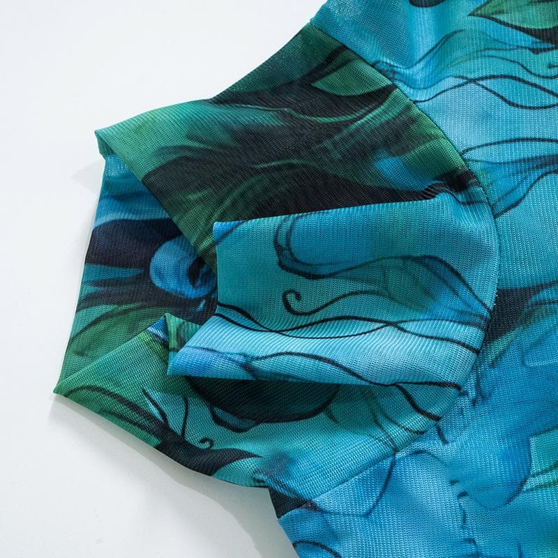 Sheer mesh see through print high neck slit long sleeve mini dress