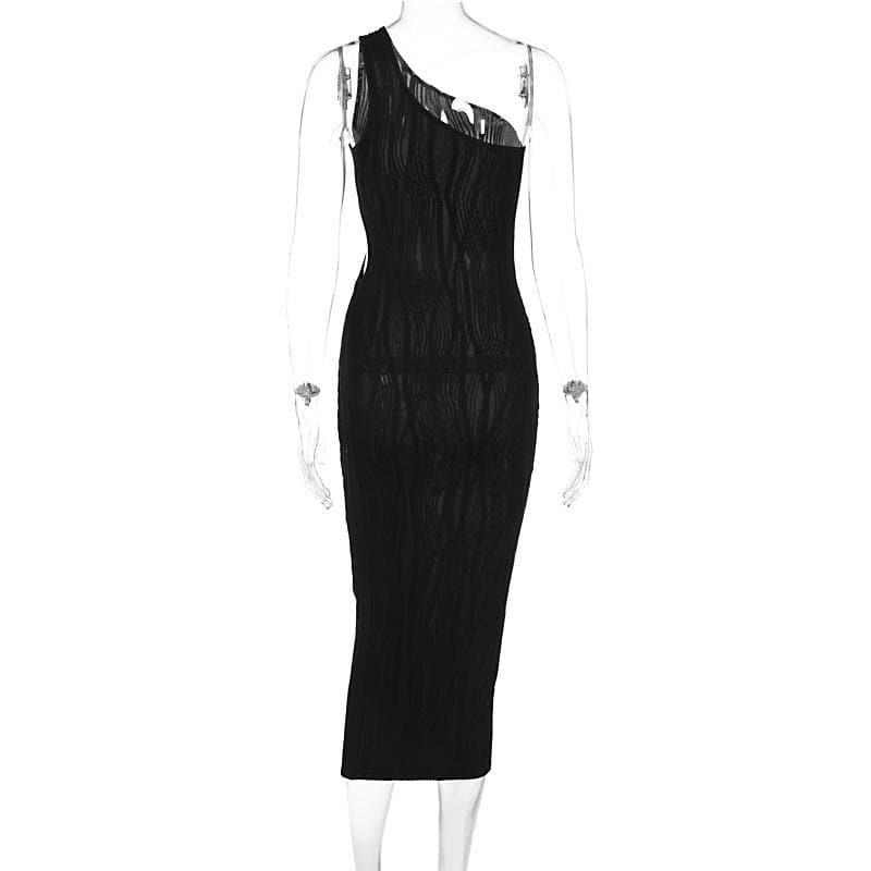 Textured one shoulder irregular hollow out solid cut out midi dress