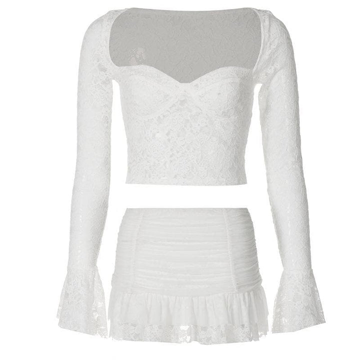 Long flared sleeve ruched lace sweetheart neck solid mini skirt set  | Festival Outfits Women