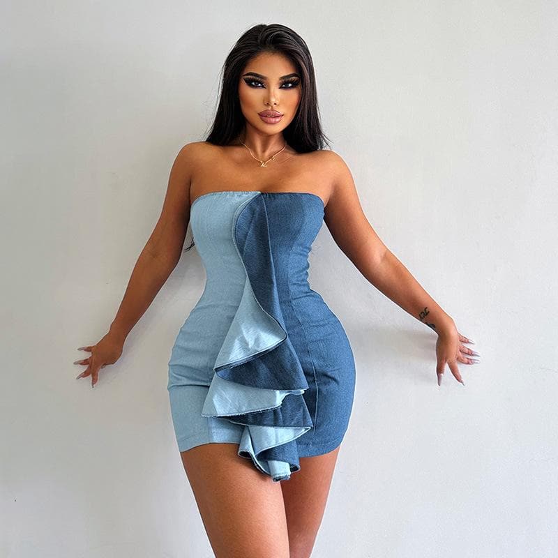 Ruffle contrast patchwork denim backless tube mini dress  | Festival Outfits Women