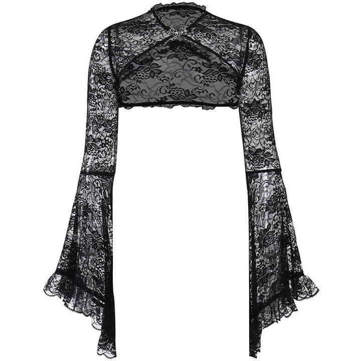 Solid flared sleeve lace hem button hollow out shrug cut out top