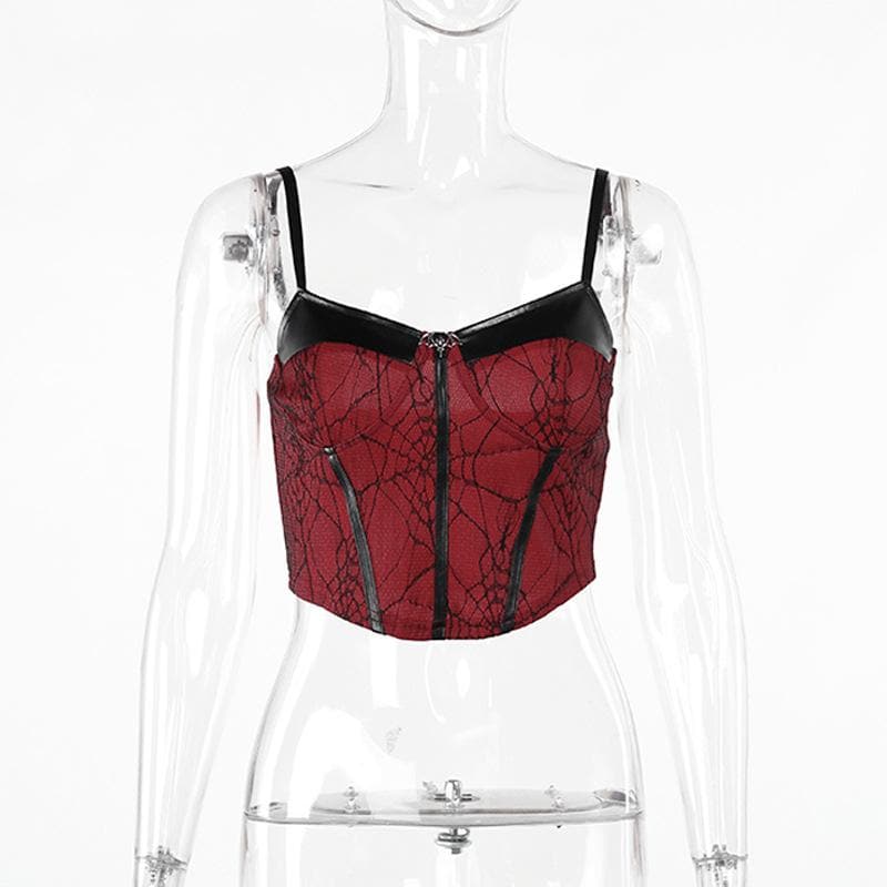 PU leather patchwork stitch lace bat applique cami top  | Festival Outfits Women