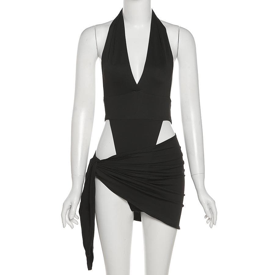 Halter V Neck knotted Ruched Bodycon Dress - Halibuy