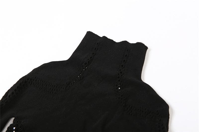 Hollow out solid long sleeve fishnet high neck cut out mini dress-final-sale