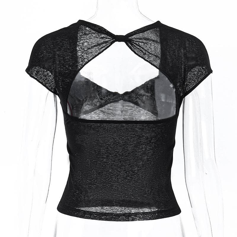 V neck hollow out knotted short sleeve low cut backless crop cut out top