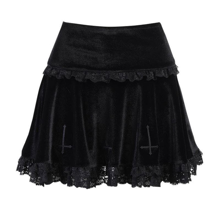 Solid A line lace hem spider web pattern mini skirt