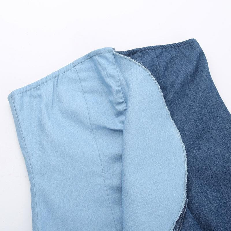 Ruffle contrast patchwork denim backless tube mini dress  | Festival Outfits Women