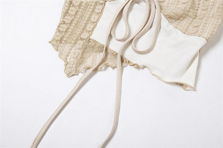 Lace v neck irregular patchwork contrast cami crop top