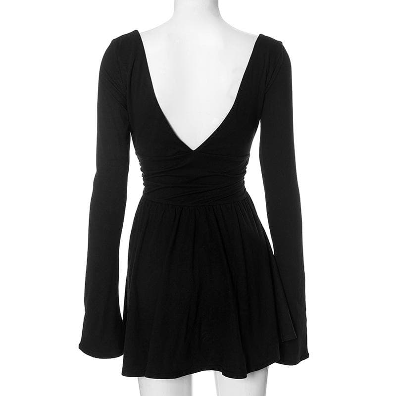 Long flared sleeve backless v neck ruched solid mini dress  | Festival Outfits Women