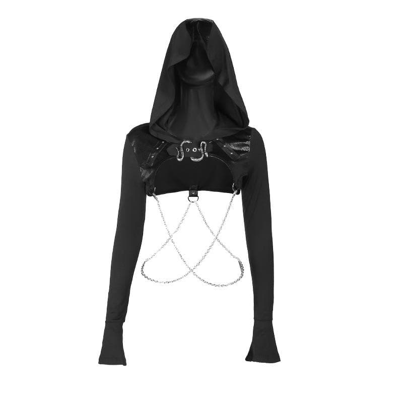 Patchwork metal chain buckle hoodie long sleeve crop top