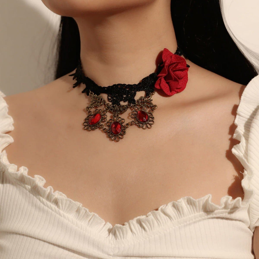 Flower applique stone pendant choker necklace
