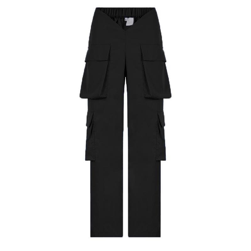 V waist pocket straight solid cargo pant Parachute pants