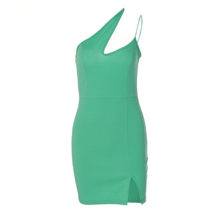 Hollow out slit solid sleeveless one shoulder backless cut out mini dress