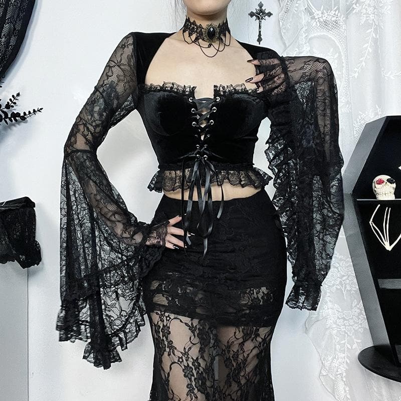 Long flared sleeve velvet lace patchwork ruffle lace up crop top  | Festival Outfits Women