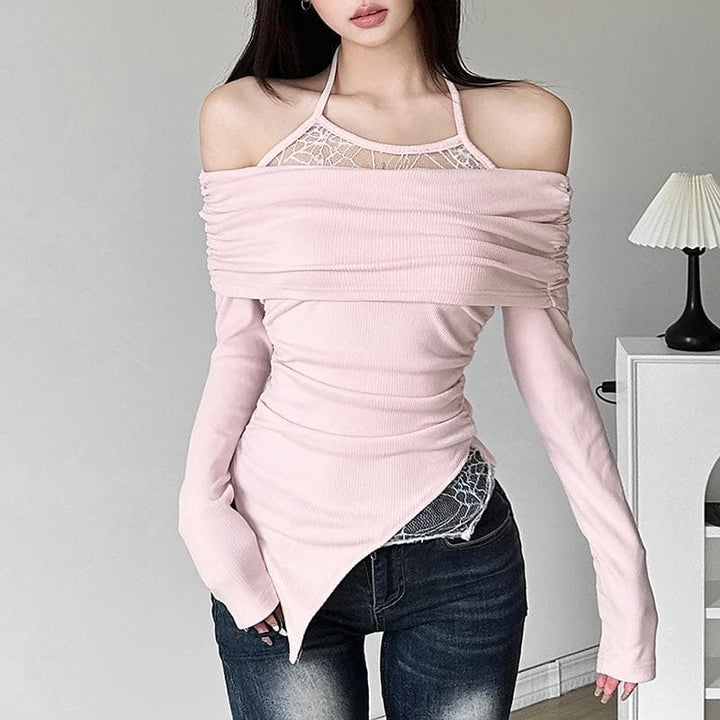 Ruched lace off shoulder halter long sleeve irregular top  | Festival Outfits Women