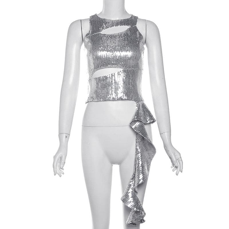 Crewneck glitter hollow out ruffle irregular crop cut out top  | Festival Outfits Women