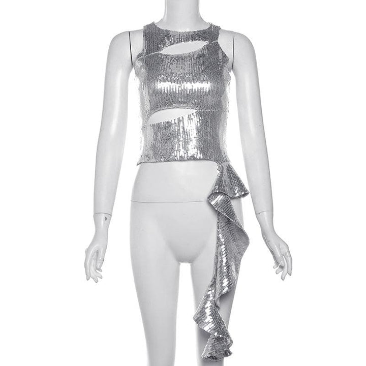 Crewneck glitter hollow out ruffle irregular crop cut out top  | Festival Outfits Women