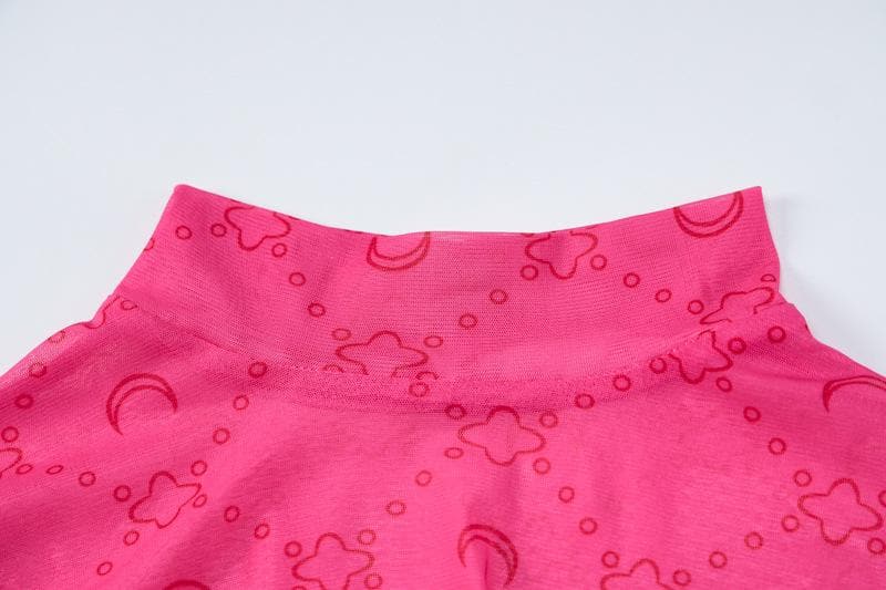 Sheer mesh see through solid long sleeve gloves print high neck top