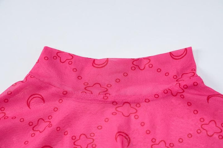 Sheer mesh see through solid long sleeve gloves print high neck top