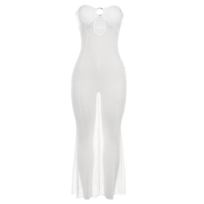 Mesh see through o ring hollow out backless tube cut out maxi dress