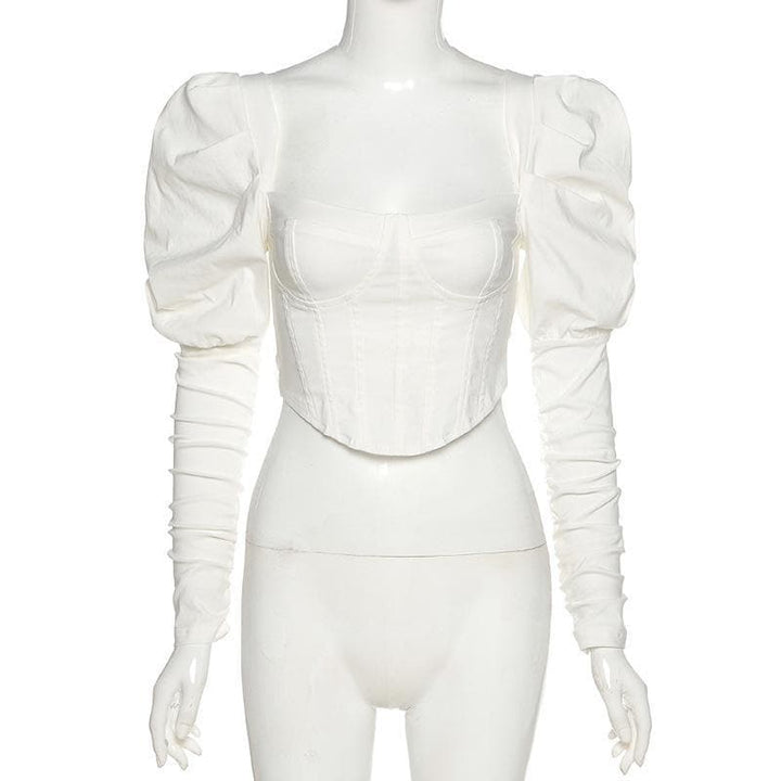 Puff sleeve heart neck corset solid top - Halibuy