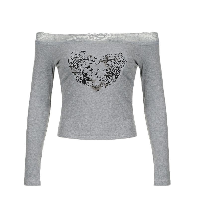 Long sleeve off shoulder ribbed heart pattern lace hem top  | Festival Outfits Women