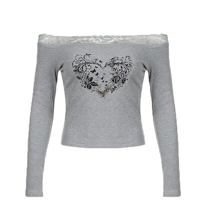 Long sleeve off shoulder ribbed heart pattern lace hem top  | Festival Outfits Women
