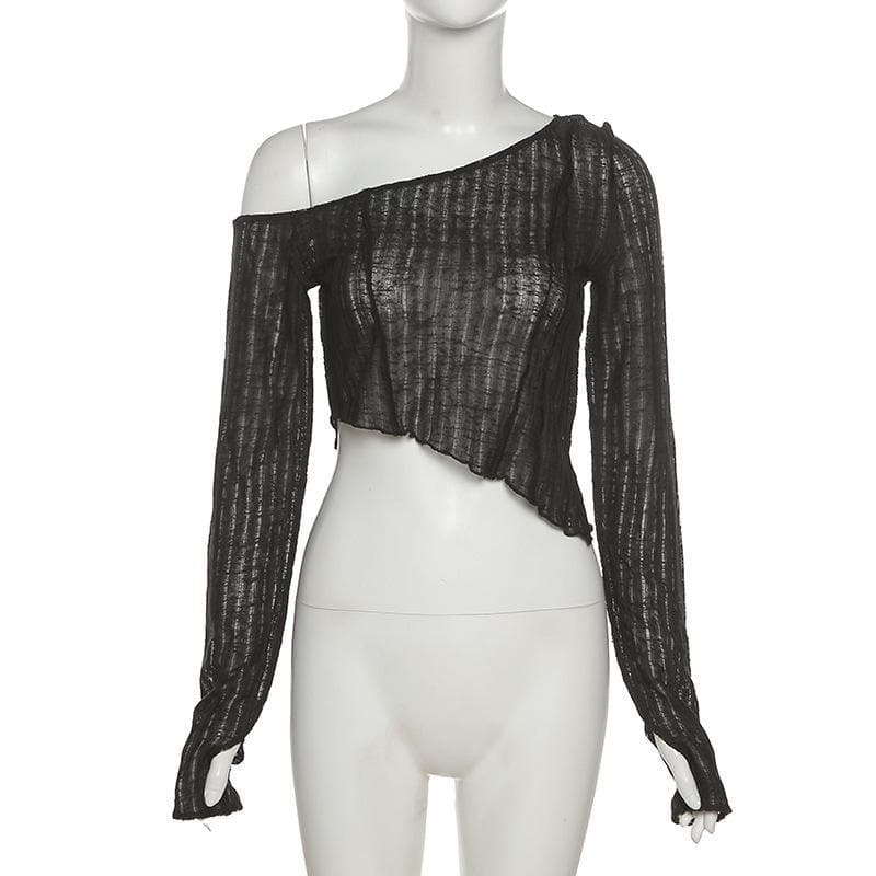 Long sleeve one off shoulder see through ruffled top - Halibuy