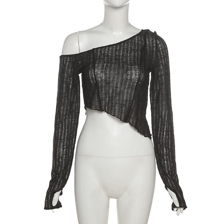 Long sleeve one off shoulder see through ruffled top - Halibuy