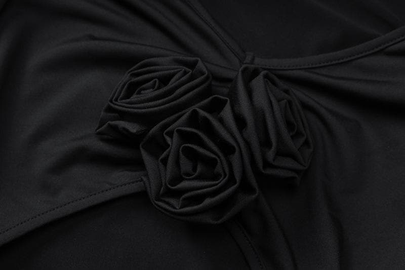 Long sleeve padded ruched flower applique hollow out cut out midi dress  | Festival Outfits Women