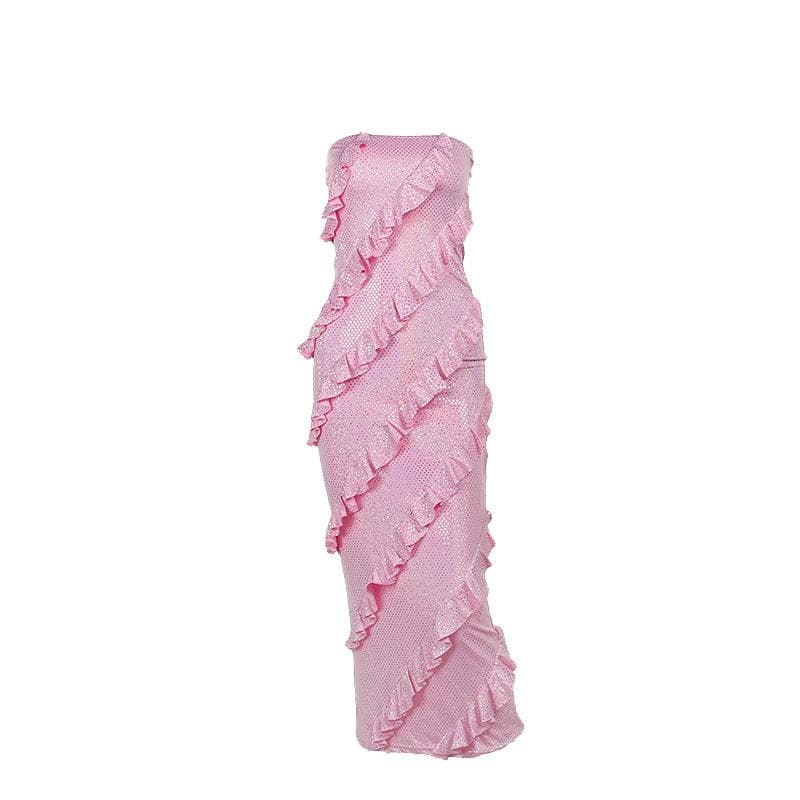 Ruffle textured ruched backless tube midi dress  | Festival Outfits Women