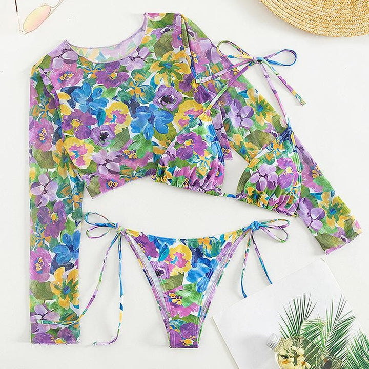 Mesh flower pattern contrast long sleeve halter 3 piece swimwear